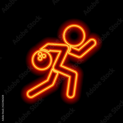 running man, bowling icon. Orange neon style on black background