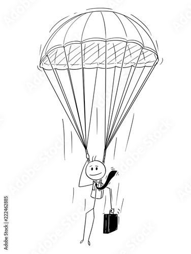 Cartoon stick drawing conceptual illustration of skydiver parachutist businessman with parachute.