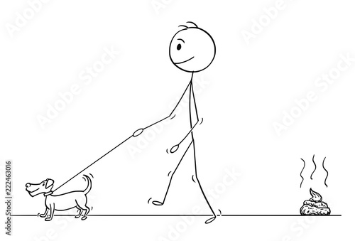 Cartoon stick drawing conceptual illustration of man walking with small dog on a leash leaving excrement or poop on the ground.