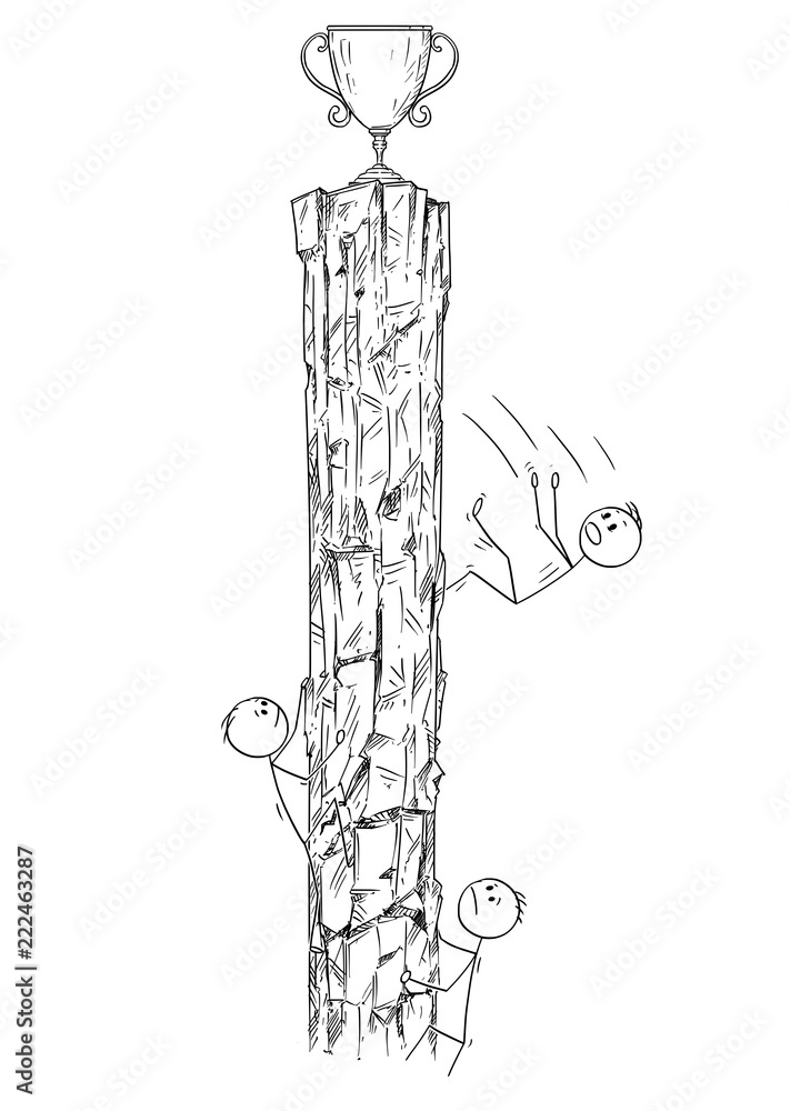 Cartoon stick drawing conceptual illustration of men or businessmen  climbing the rock hoping to win the trophy or victory on the top. Business  concept of challenge, risk, competition and success. Stock Vector |