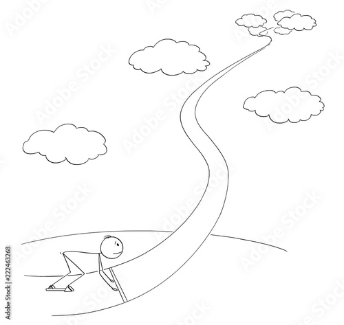 Cartoon stick drawing conceptual illustration of man or businessman in the starting position ready to start his successful career.