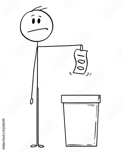 Cartoon stick drawing conceptual illustration of man or businessman throwing banknote or bill in to waste bin.Business concept of useless loosing of money or bad investment.