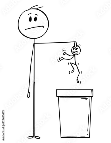 Cartoon stick drawing conceptual illustration of man or businessman throwing another man or useless worker in trash bin. Business concept of employment termination.