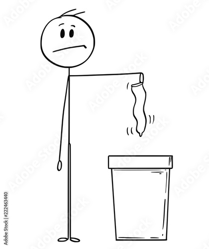 Cartoon stick drawing conceptual illustration of man throwing used or unused condom in waste bin. Concept of sexual life and child conception.