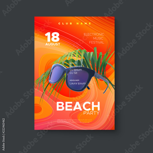 Beach party flyer design. Electronic music festival poster. Summertime event. Multicolored cover with sunglasses and palm leaf. Vector illustration. Abstract background. Club invitation template.