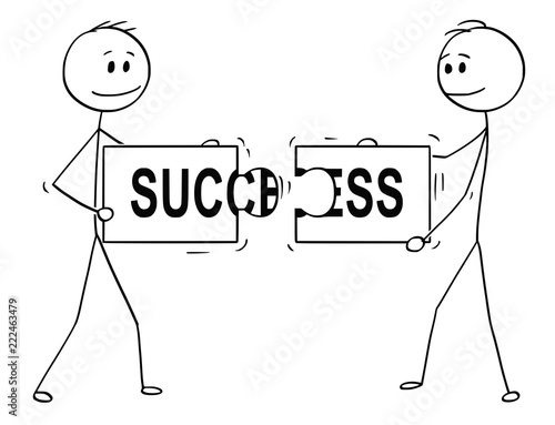 Cartoon stick man drawing conceptual illustration of two businessmen holding and connecting matching pieces of jigsaw puzzle with success text. Business concept of teamwork, collaboration and problem