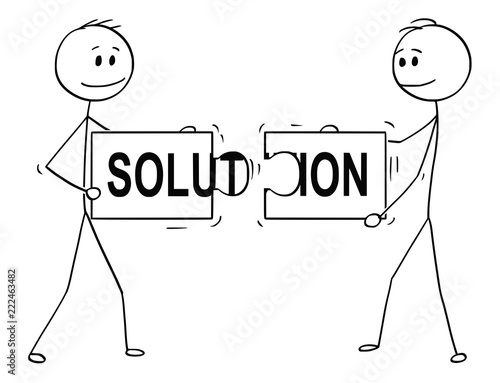Cartoon stick man drawing conceptual illustration of two businessmen holding and connecting matching pieces of jigsaw puzzle with solution text. Business concept of teamwork, collaboration and problem