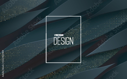 Abstract 3d background with black paper shapes. Vector geometric illustration of carbon sliced shapes textured with golden glittering dots. Graphic design element. Elegant decoration