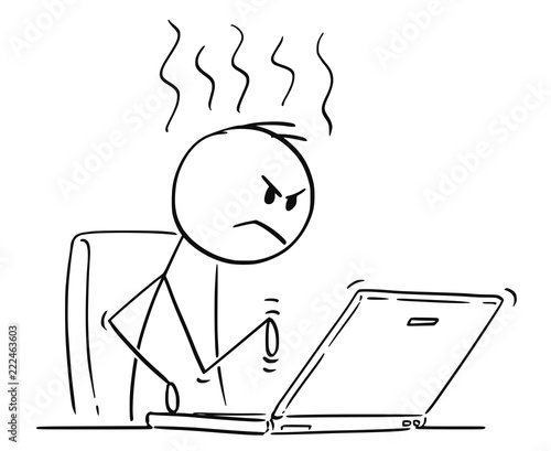 Cartoon stick drawing conceptual illustration of angry man or businessman working and typing on laptop computer.