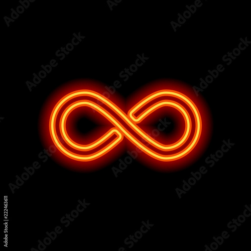 infinity symbol, simple icon. Orange neon style on black backgro