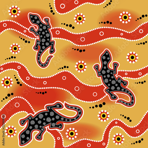 Australian aboriginal seamless vector pattern with dotted circles  lizars  spirals  rings and crooked stripes