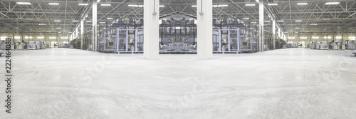 Foggy and blurred collage of remote typical storage, warehouse interior. Selective focus. Copy space. Wide panoramic image,