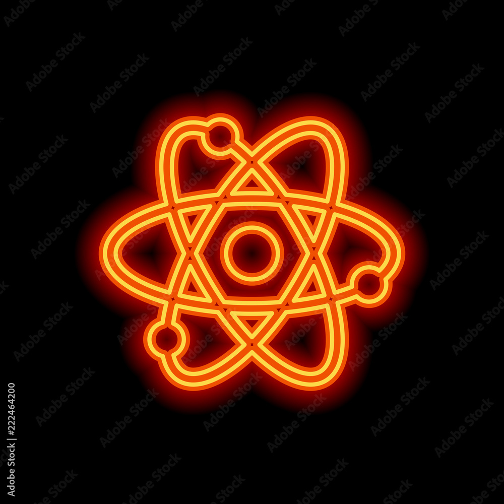scientific atom symbol, simple icon. Orange neon style on black