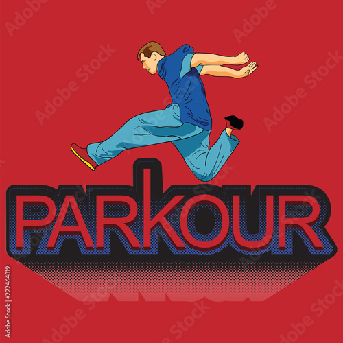 Parkour is a man. Leap Forward. Vector in the style of pop art. Men in sportswear. Print for fabric.
