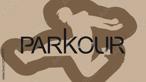 Parkour is a man. Leap forward. Vector in a minimalistic style. Silhouette of a man against the background of letters. Print for fabric.
