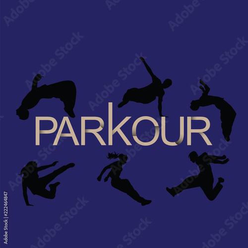 Man and girl are engaged in parkour. Leap forward, flip back. Vector in a minimalistic style. Silhouettes of men and women against background of letters. Print for fabric.