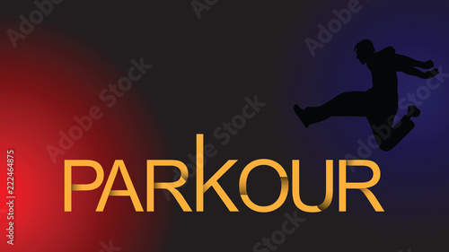 Parkour is a man. Leap forward. Vector in a minimalistic style. Silhouette of a man against the background of letters and a gradient fill. Print for fabric.