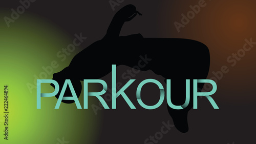 Parkour is a man. Flip back. Vector in a minimalistic style. Silhouette of a man against the background of letters and a gradient fill. Print for fabric.