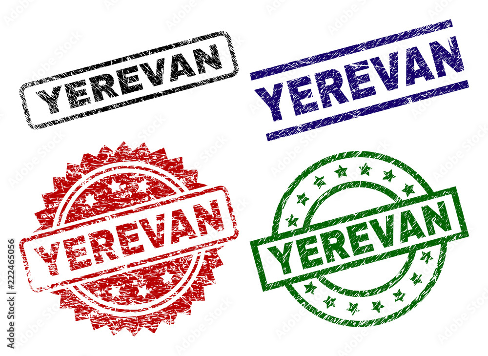 YEREVAN seal prints with damaged style. Black, green,red,blue vector rubber prints of YEREVAN label with retro style. Rubber seals with circle, rectangle, rosette shapes. YEREVAN seal prints with damaged style. Black, green,red,blue vector rubber prints of YEREVAN label with retro style. Rubber seals with circle, rectangle, rosette shapes.