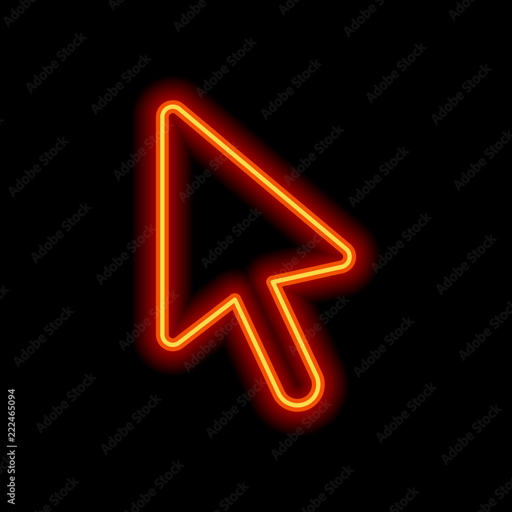 computer mouse arrow icon. Orange neon style on black background