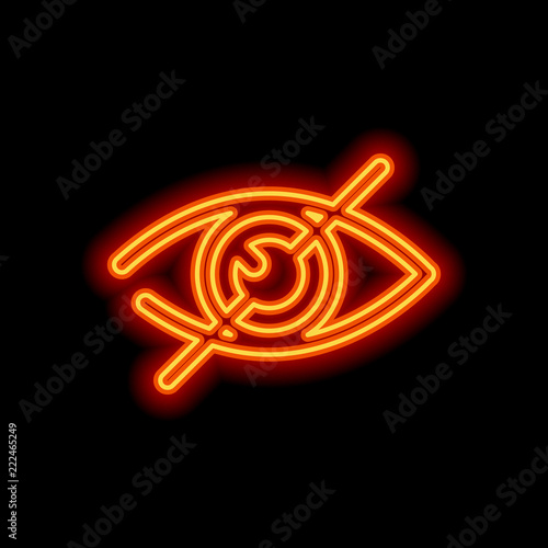 dont look, crossed out eye. simple icon. Orange neon style on bl