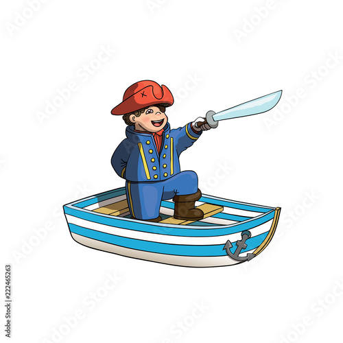 Pirate Kid on his Boat with Saber and Red Pirate Hat. Pirate Captain