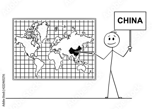 Cartoon stick drawing conceptual illustration of man using pointer and pointing at People's Republic of China or PRC on big wall world map.