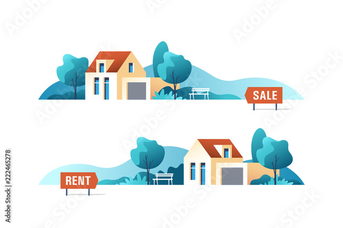 Real estate business concept with suburban houses. Vector illustration.