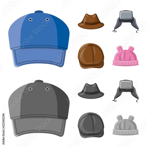 Isolated object of headwear and cap icon. Collection of headwear and accessory stock vector illustration.