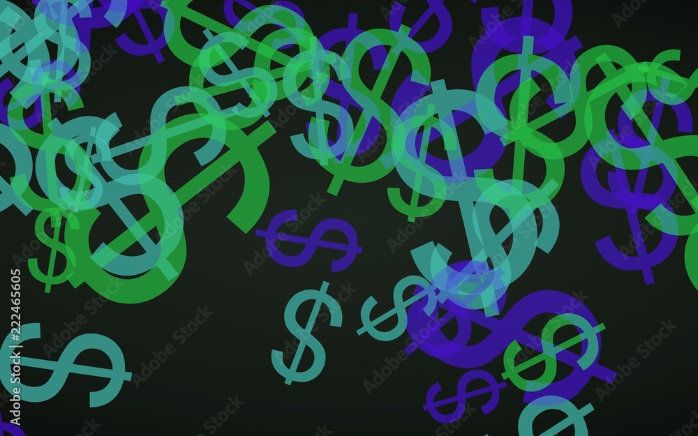 Multicolored translucent dollar signs on dark background. Green tones. 3D illustration Multicolored translucent dollar signs on dark background. Green tones. 3D illustration