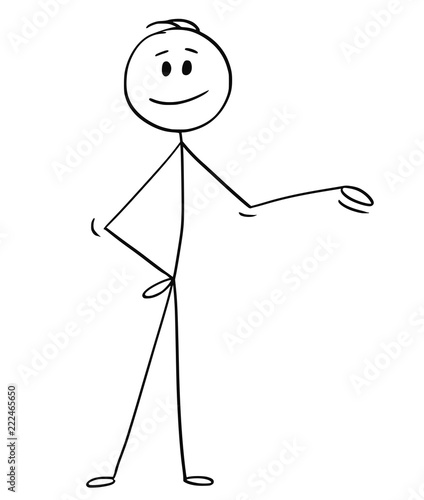 Cartoon stick drawing conceptual illustration of smiling man or businessman pointing his hand and offering something on his left side.