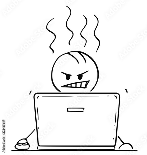 Cartoon stick drawing conceptual illustration of angry man or businessman working or typing on laptop or notebook computer.