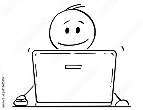 Cartoon stick drawing conceptual illustration of smiling man or businessman working on laptop or notebook portable computer.