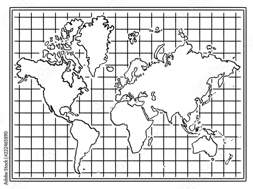 Cartoon black and white drawing of world map.