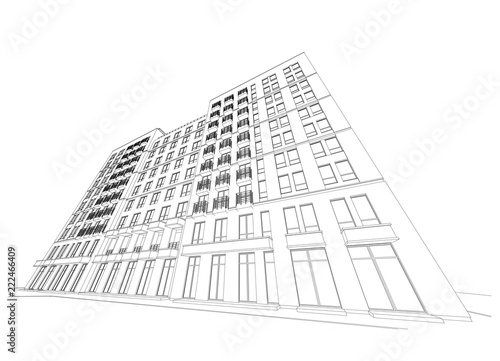 Detailed architectural plan of multistory building with diminishing perspective. Vector blueprint illustration