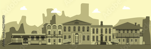 City street in style of wild west. Building, tavern bank and other buildings on background of mountains. Illustration in style of flat
