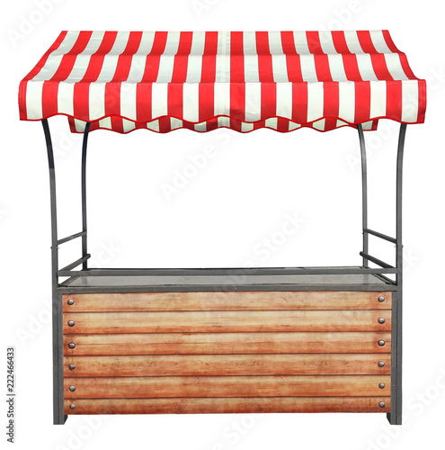 Wooden market stand stall with metal frame and red white striped awning photo