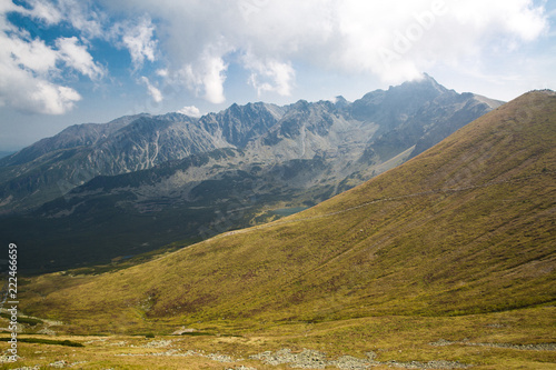 Tatra National Park, Poland. Pamoramic view of mountains landscape. Zakopane, Park Narodowy Wysokie Tatry. High Tatras. Świnicka (Svinica) Przełęcz (Swinica Pass) i Kasprowy Wierch (Kasper Peak).