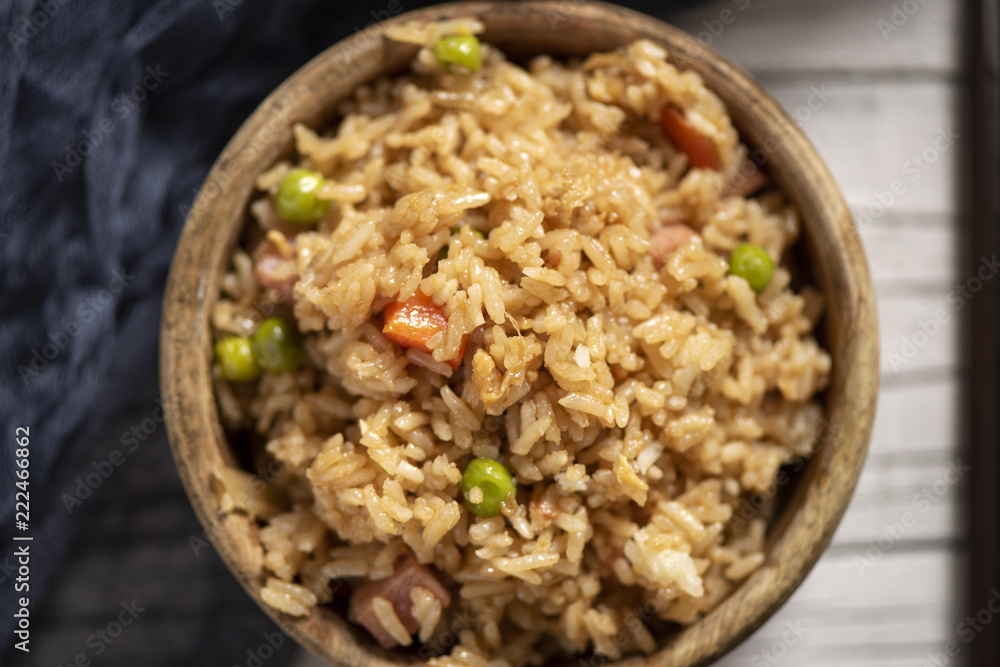 Chinese fried rice in a boxwood bowl Chinese fried rice in a boxwood bowl