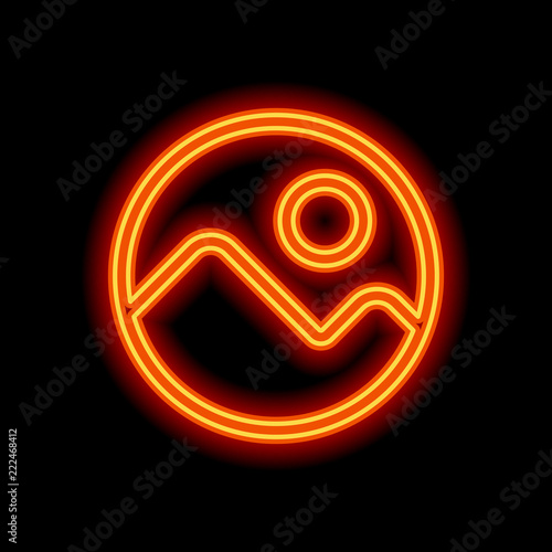 Simple picture icon. Linear symbol, thin outline. Orange neon st