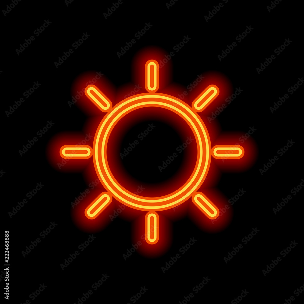 Sun icon. Linear, thin outline. Orange neon style on black backg