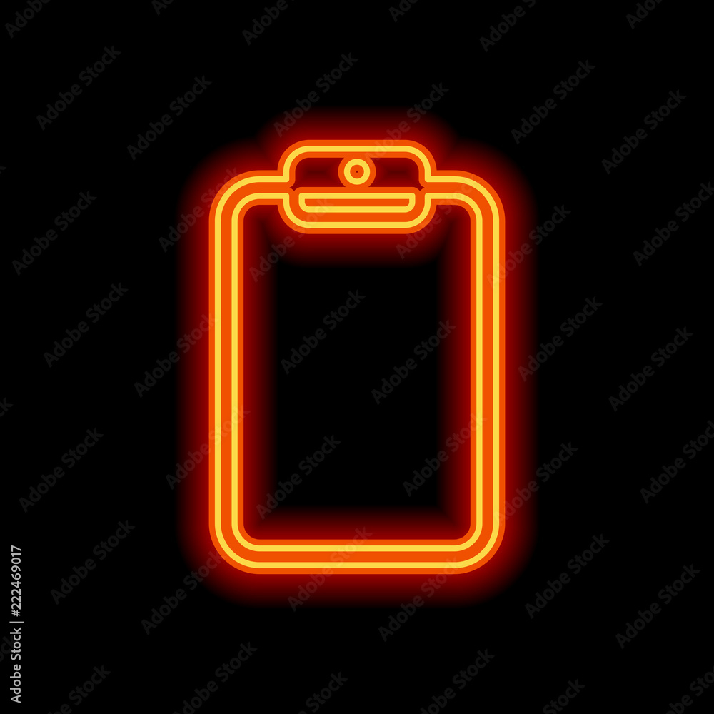 Tablet with paper. Orange neon style on black background. Light Tablet with paper. Orange neon style on black background. Light