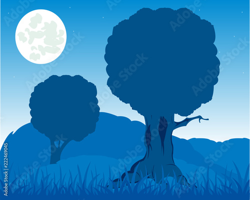 Evening landscape of the nature with tree and herb