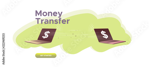 Money transfer. Wireless financial transaction betweeen laptop devices. Online payment or virtual banking concept. Vector finance illustration.