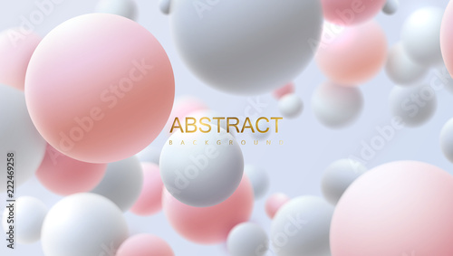 Flowing white and pink soft spheres. Vector realistic illustration. Abstract background with 3d geometric shapes. Modern cover design. Ads banner or brochure template. Dynamic wallpaper