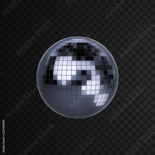 Disco ball isolated on black transparent background. Vector illustration of silver mirror ball. Nightlife concept. Shiny 3d sphere