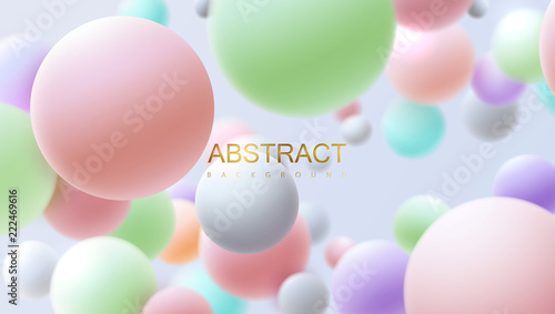Flowing multicolored spheres. Vector realistic illustration. Abstract background with 3d geometric shapes. Modern cover design. Ads banner or brochure template. Trendy dynamic wallpaper