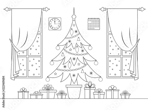 Christmas interior. A room in a linear style.