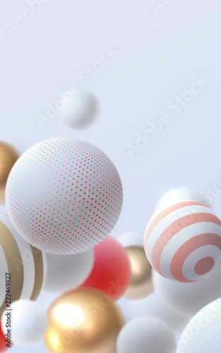 3d flowing spheres. Vector abstract illustration of multicolored falling bubbles or balls. Modern trendy concept. Dynamic creative poster. Futuristic cover design. Vertical banner template