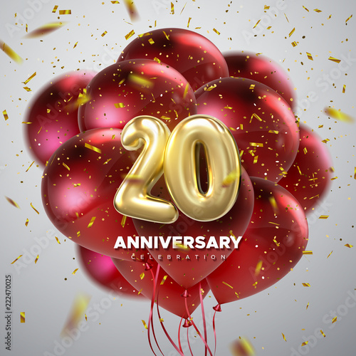 20 Anniversary celebration. Golden numbers with sparkling confetti and red balloon bunch. Vector festive illustration. Realistic 3d sign. Party event decoration